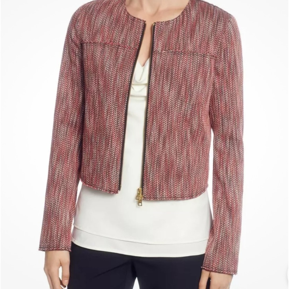 Tahari T Women’s Melon Combo Chest Pockets Zip Front Lined Tweed blazer NWT
